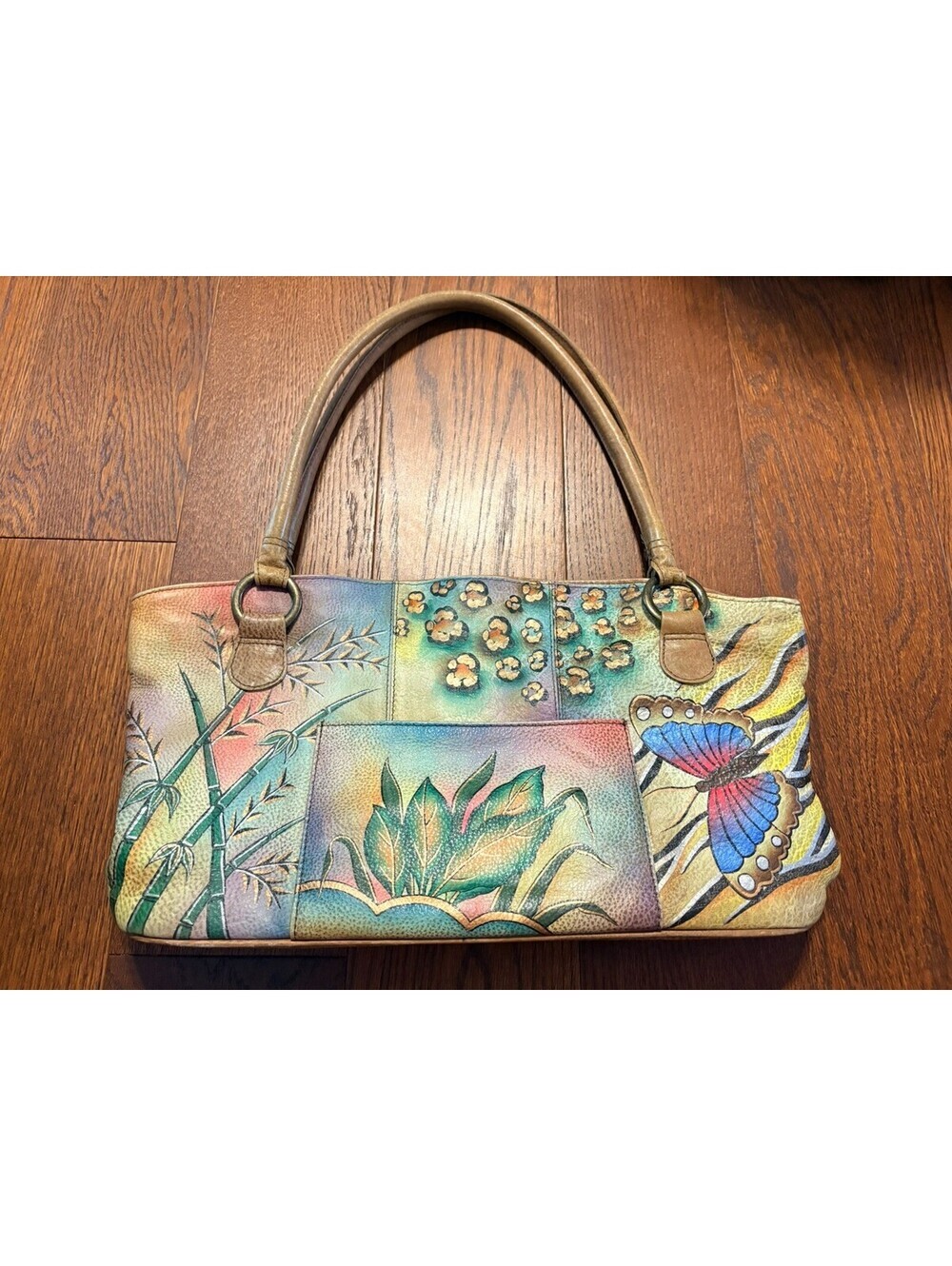 Anuschka Hand Painted Leather Floral Butterfly Hobo Shoulder Bag Multicolor Boho